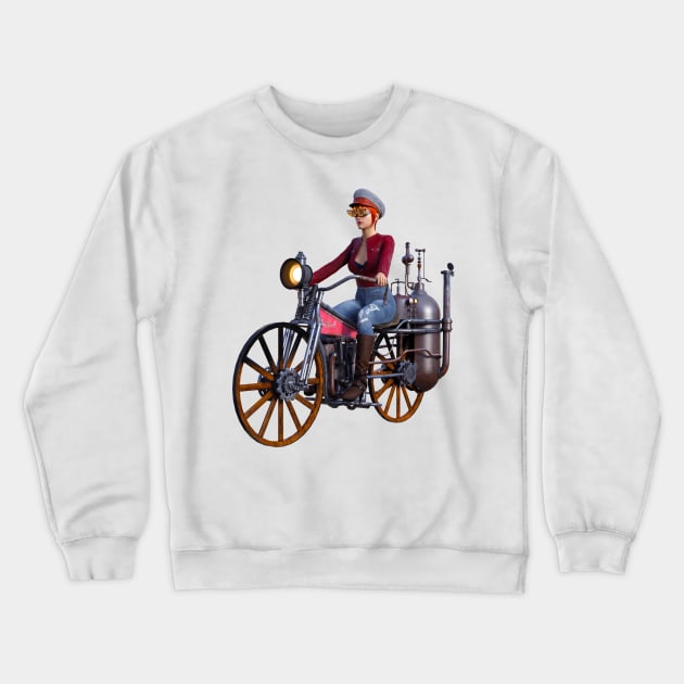 Steampunk woman on steam motorcycle Crewneck Sweatshirt by Carlosr1946